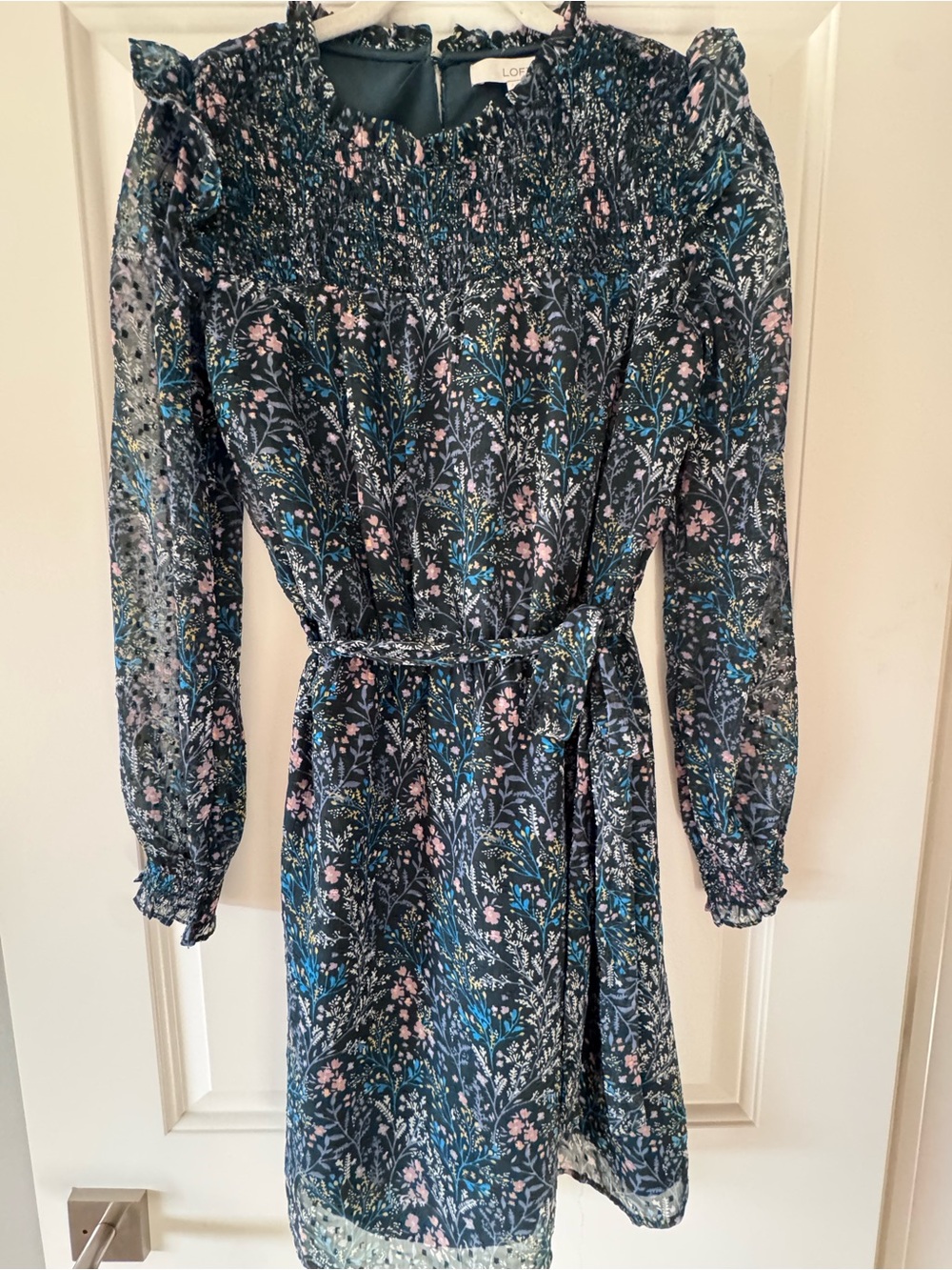 LOFT Navy Floral Long-Sleeve Smocked-Waist Dress with Tie